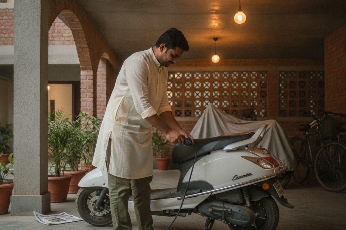 Indian man charging electric scooter at home apartment parking