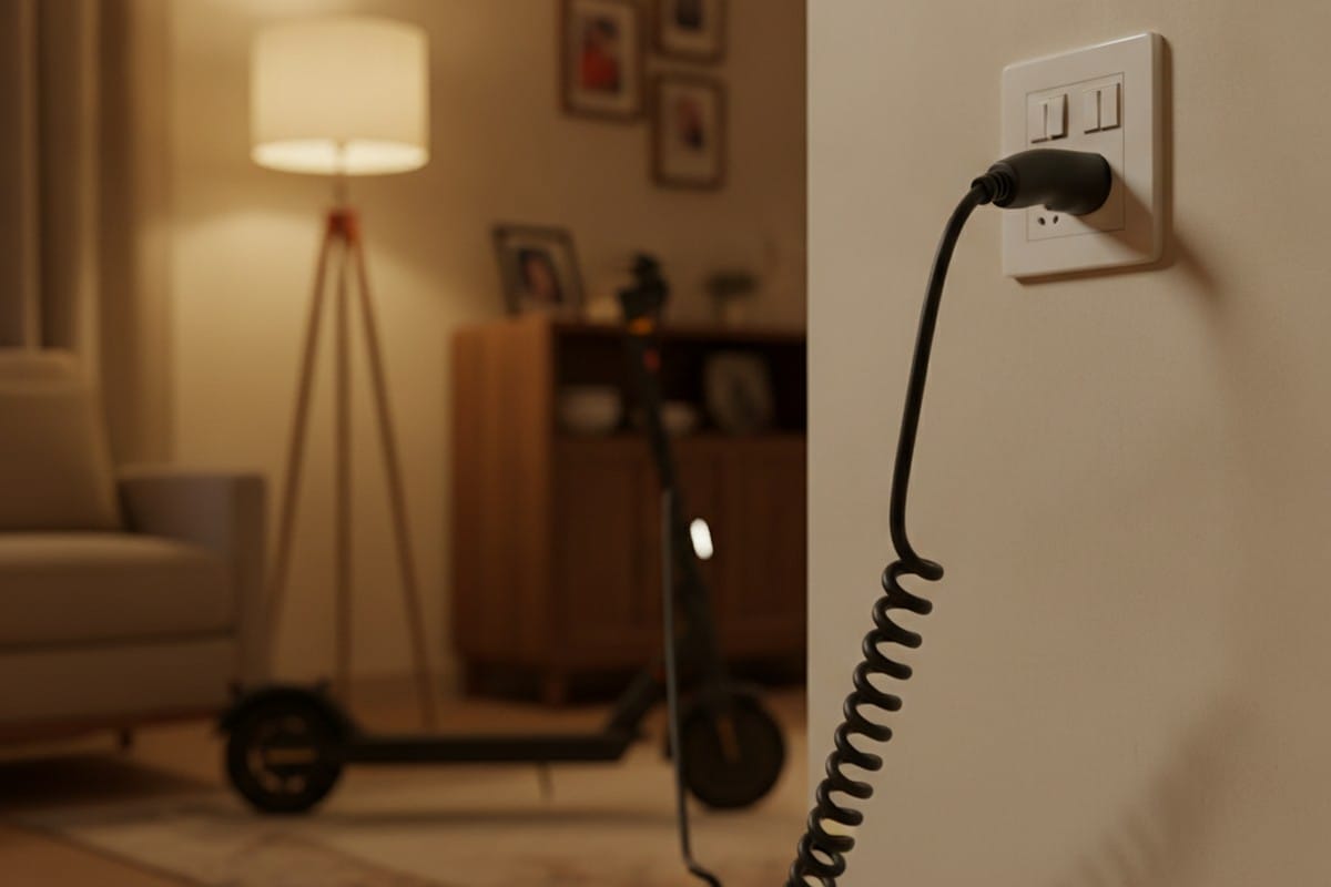 Electric scooter charging at home using standard Indian wall socket — affordable EV charging