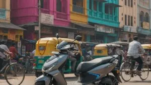 Modern electric scooter on a busy Indian city street in 2026