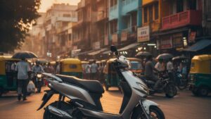 Electric scooter on Indian city street at golden hour