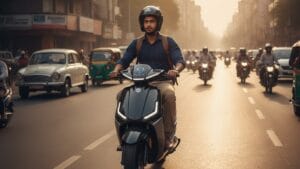 Indian professional commuting on an electric scooter through busy city traffic