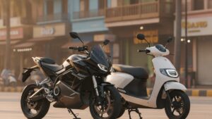Electric motorcycle and electric scooter parked side by side on an Indian city street