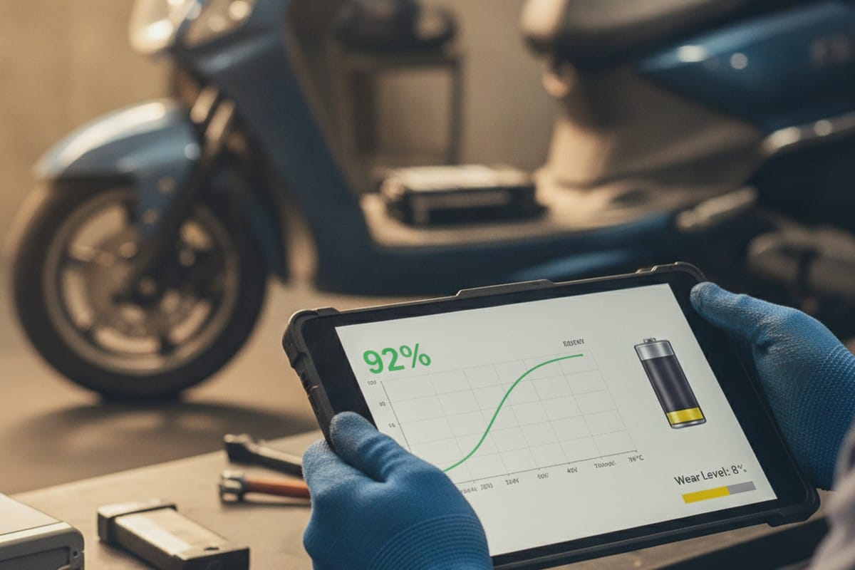 Technician checking electric scooter battery health diagnostic on a tablet at a service center
