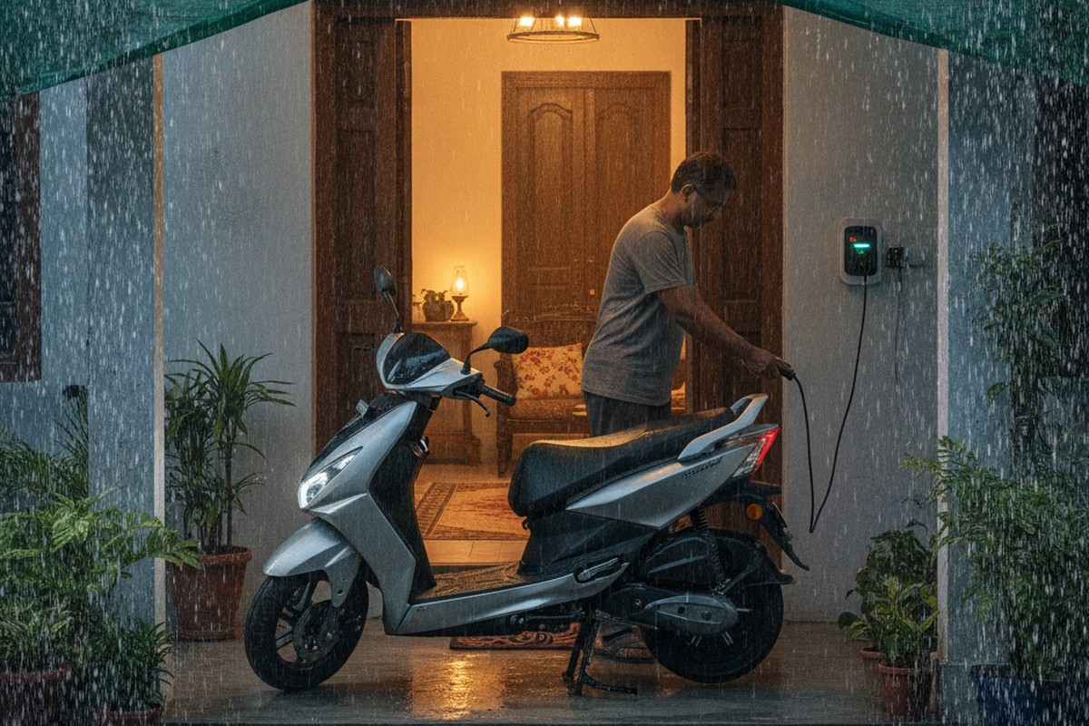 Electric scooter charging safely at home during Indian monsoon — covered porch with proper earthing setup
