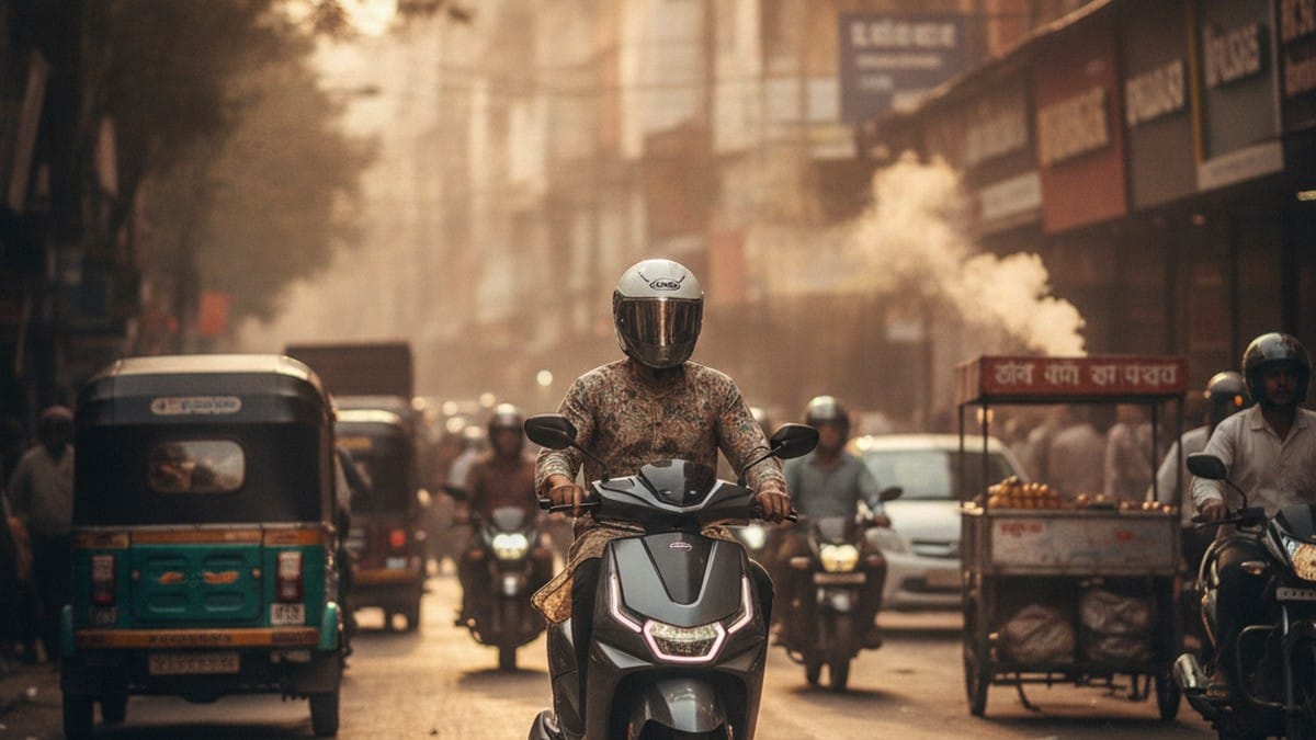 Electric scooter rider commuting on a busy Indian city road during morning rush hour