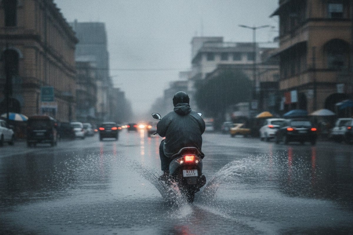 Electric scooter riding through a rain-soaked street in India during monsoon season