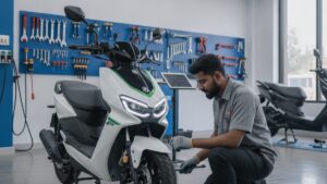 Electric scooter being serviced at a professional EV service centre in India