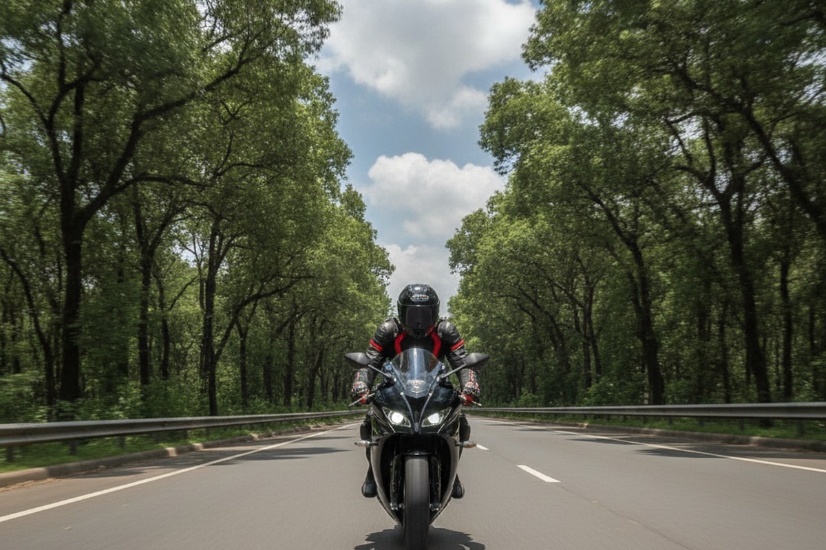 Electric motorcycle riding on a clear Indian national highway