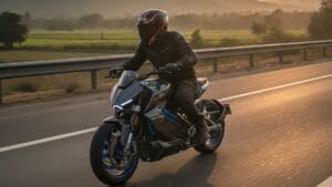Indian rider on a modern electric motorcycle on a national highway at golden hour