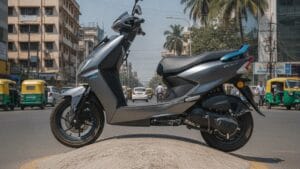 Electric scooter with high ground clearance riding over Indian road speed breaker