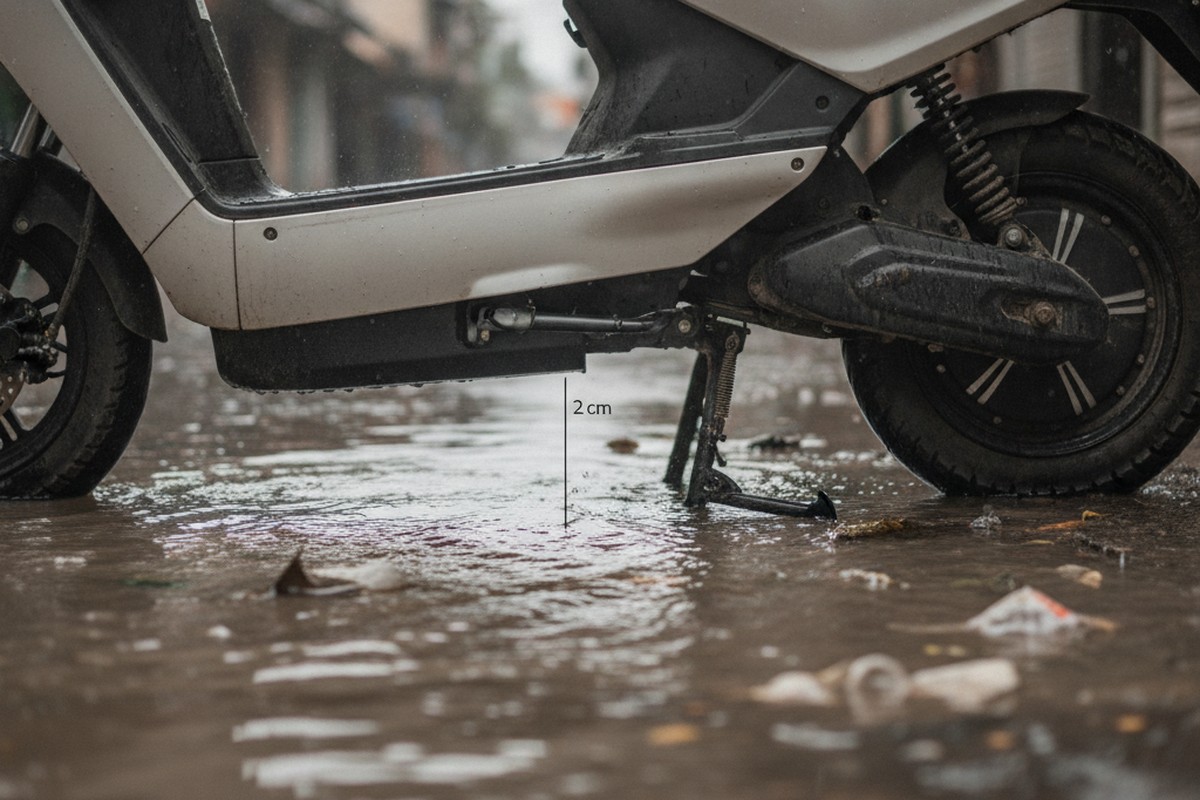 Electric scooter wheel and chassis visible above flooded monsoon road — ground clearance in action