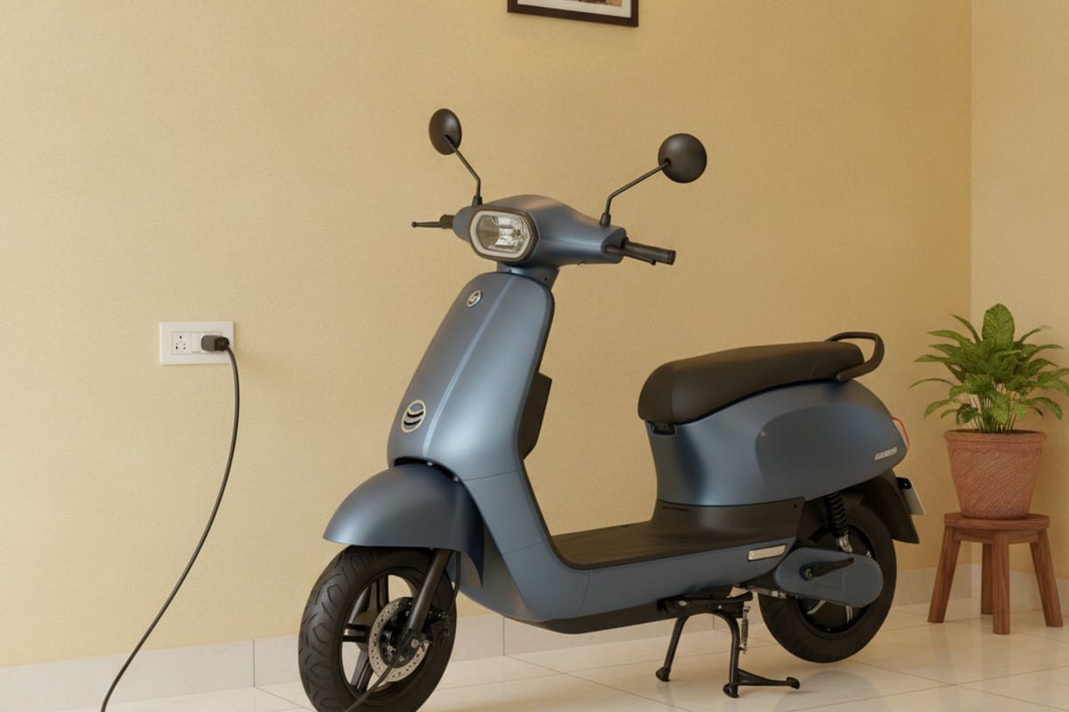 Electric scooter charging at a standard Indian home socket — affordable and convenient overnight EV charging for daily commuters