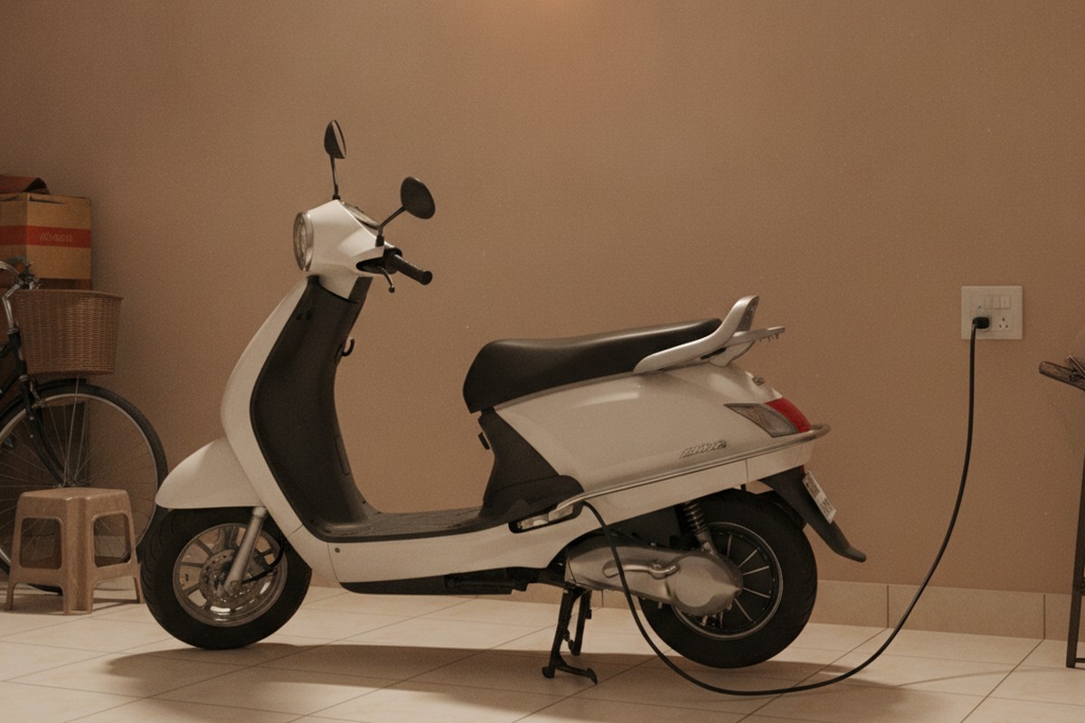 Electric scooter charging from a standard 5-amp household socket in an Indian home