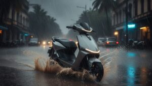 Electric scooter riding through monsoon rain on flooded Indian road