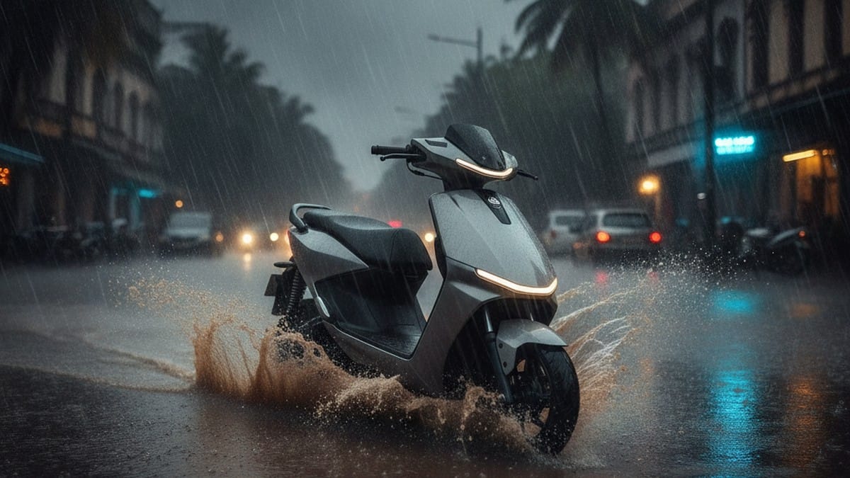 Electric scooter riding through monsoon rain on flooded Indian road
