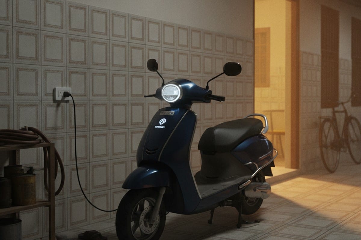 Elektree electric scooter being charged at a home garage in India, running cost illustration