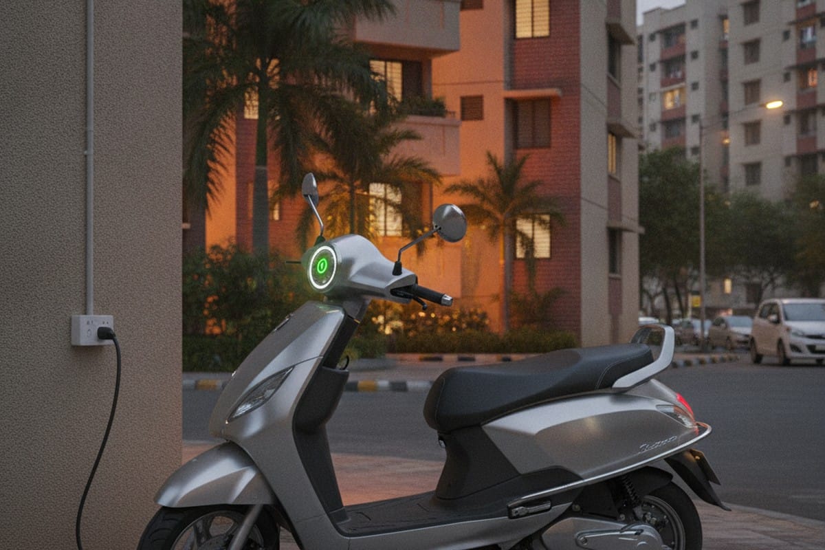 Elektree electric scooter ready for delivery work on Indian city streets at dusk, parked near apartment complex