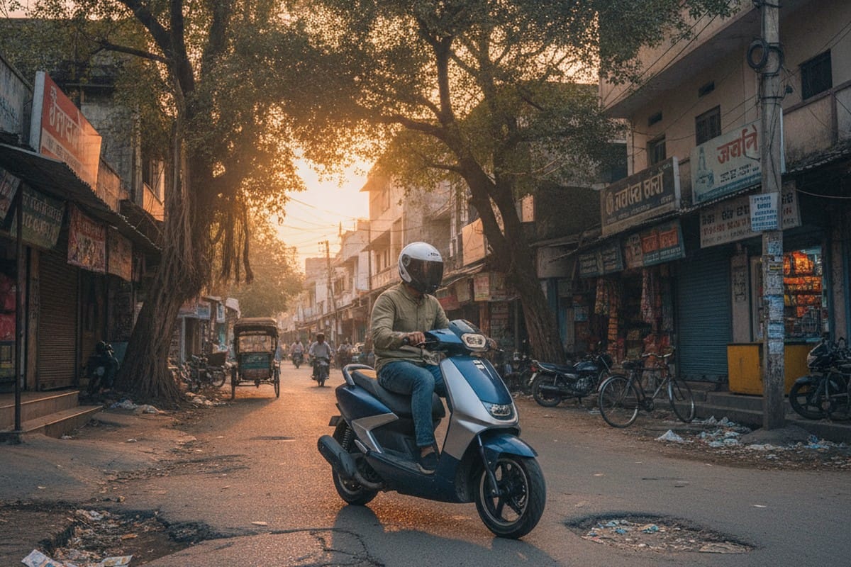 Elektree Zenith electric scooter on an Indian road showing ground clearance and suspension