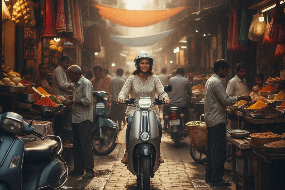 Side-by-side comparison showing a lightweight electric scooter being easily manoeuvred in a narrow Indian lane