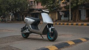 Electric scooter on an Indian city road showcasing ground clearance for Tier-2 city use
