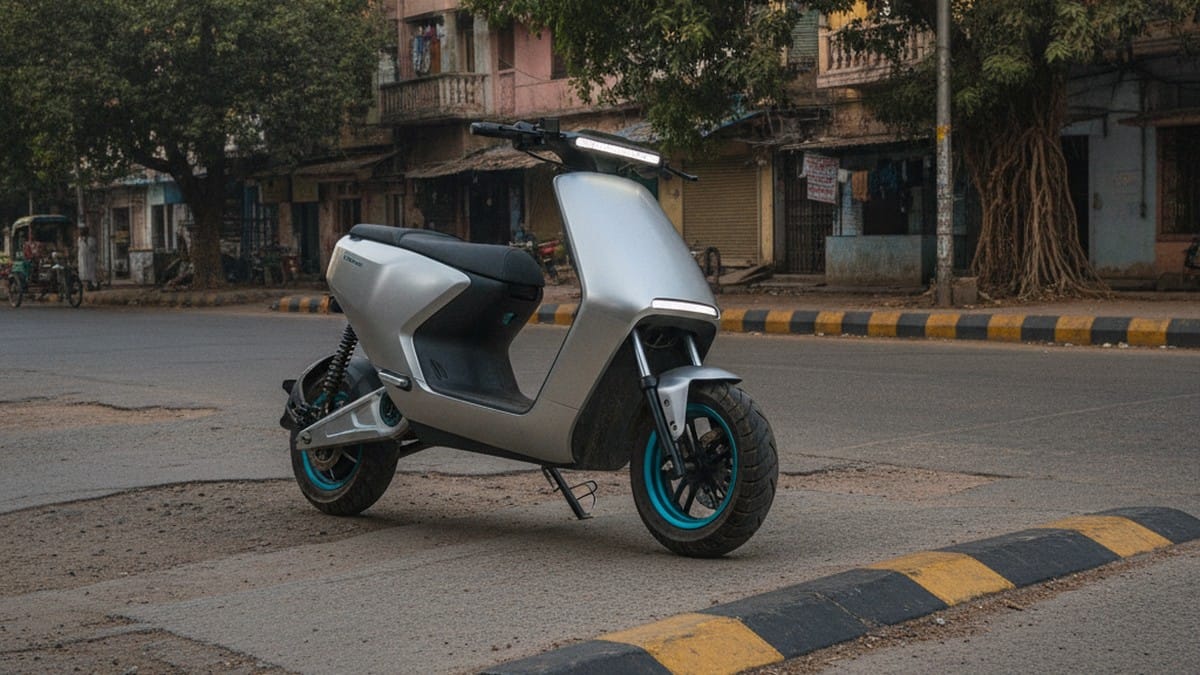 Electric scooter on an Indian city road showcasing ground clearance for Tier-2 city use