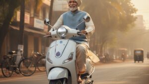Senior Indian man riding an electric scooter independently in an Indian city