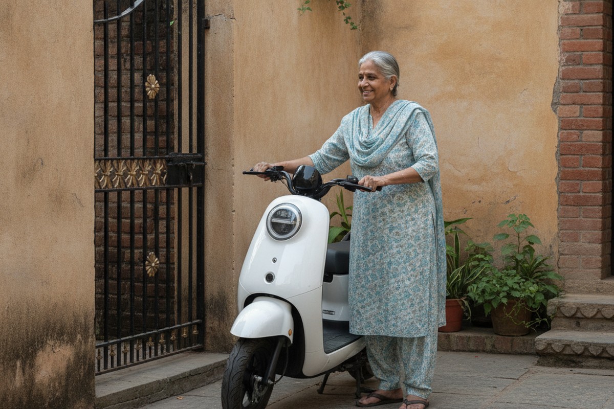 Elderly Indian woman easily parking a lightweight electric scooter near her home, showing how senior-friendly EVs provide genuine independence