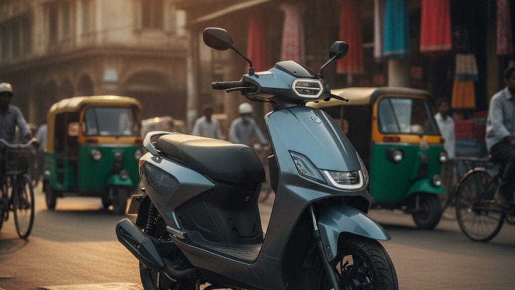 Modern electric scooter parked on a busy Indian city street — best EV scooters under ₹1 lakh in India 2026