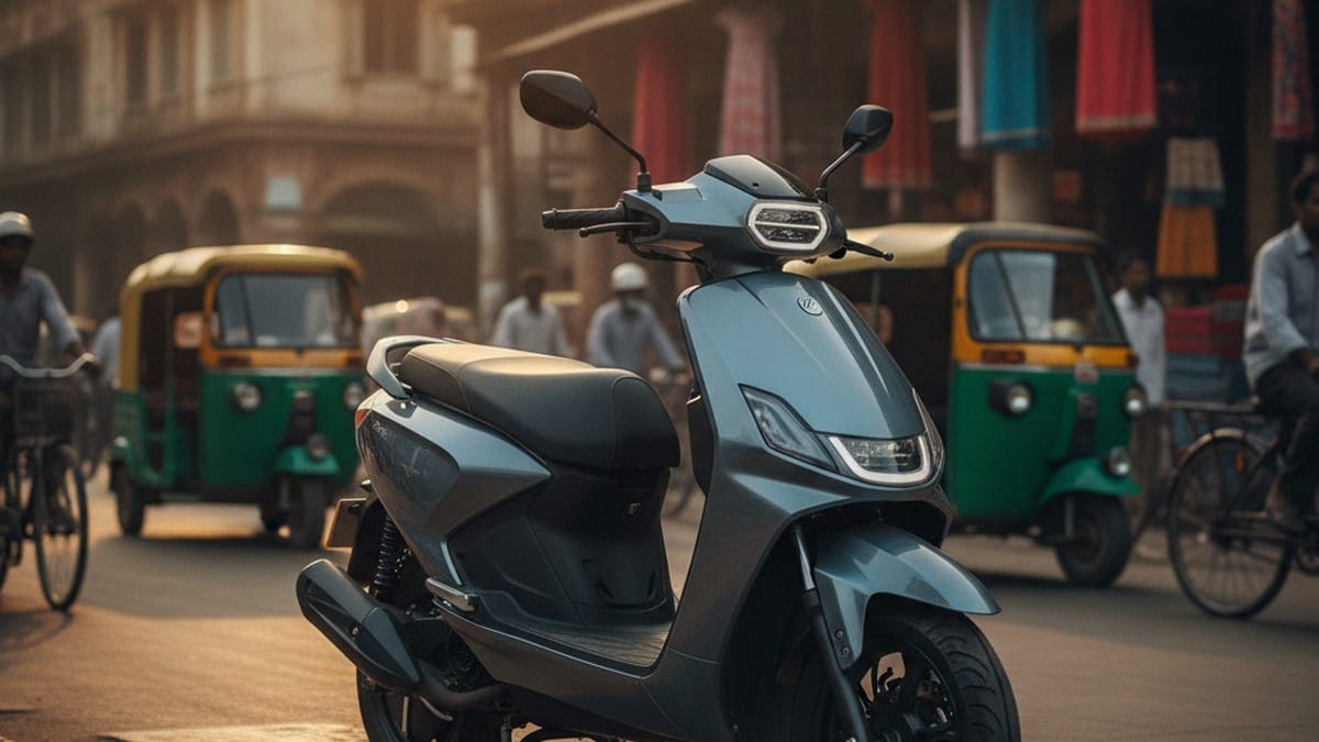 Modern electric scooter parked on a busy Indian city street — best EV scooters under ₹1 lakh in India 2026