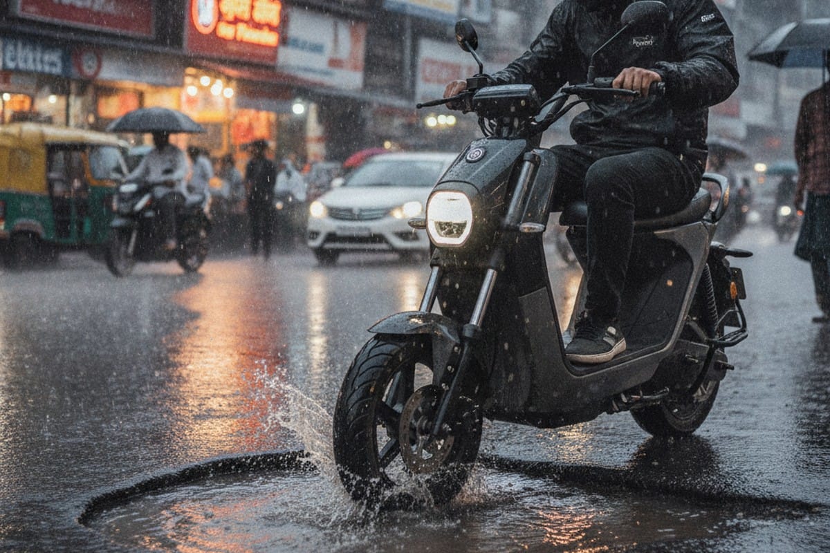 Electric scooter suspension absorbing pothole on Indian city road