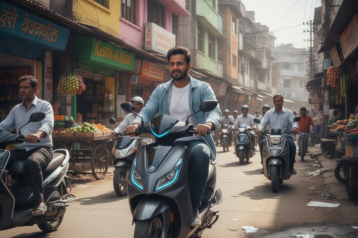 Electric scooter rider navigating a busy street in a tier-2 Indian city