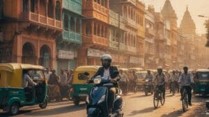 Elektree Zenith electric scooter on a busy Indian city road during morning commute