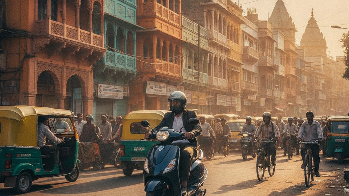 Elektree Zenith electric scooter on a busy Indian city road during morning commute