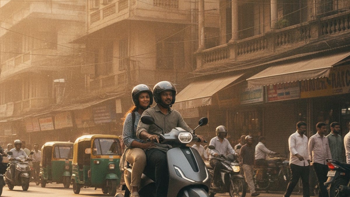 Elektree Zenith electric scooter with two riders on an Indian city street