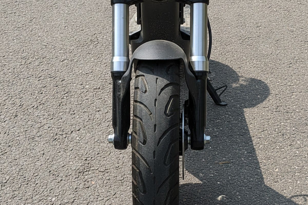 Electric scooter wheel and suspension detail on an Indian road — showing practical ground clearance for real-world conditions