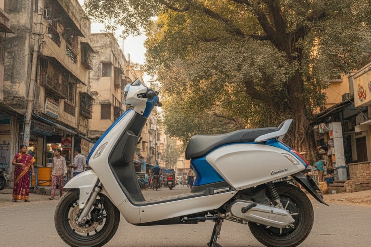 Modern electric scooter parked on Indian street showing wheel and ground clearance