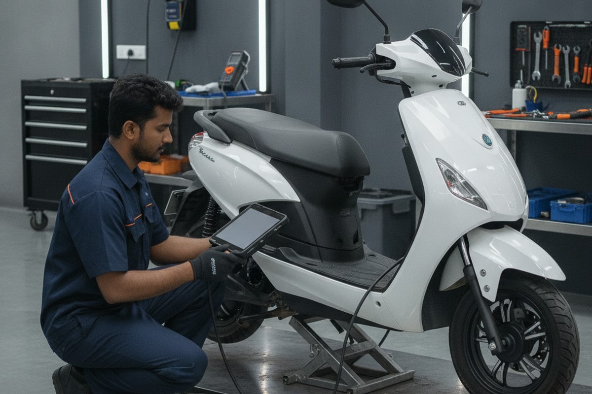 EV technician checking electric scooter battery health at a service center in India