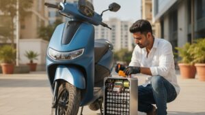 Electric scooter battery inspection by an Indian rider on an urban street