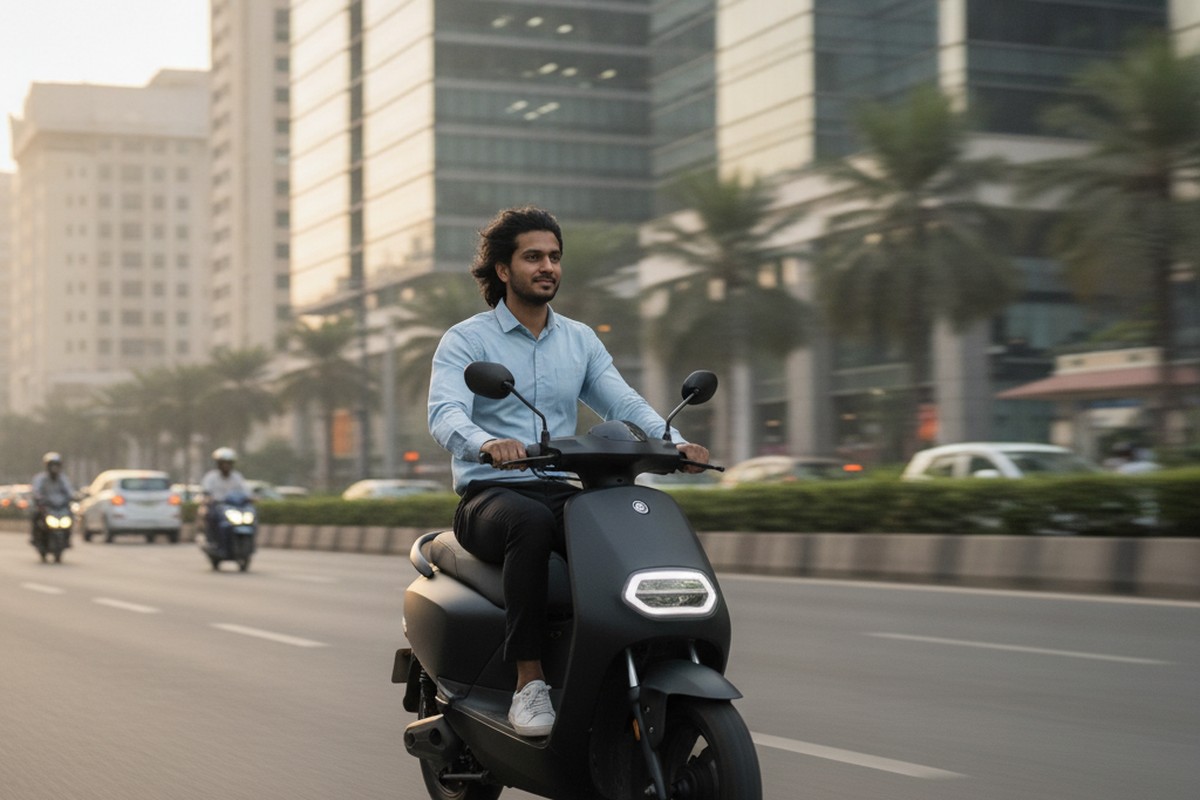 Young Indian professional commuting on electric scooter through city traffic