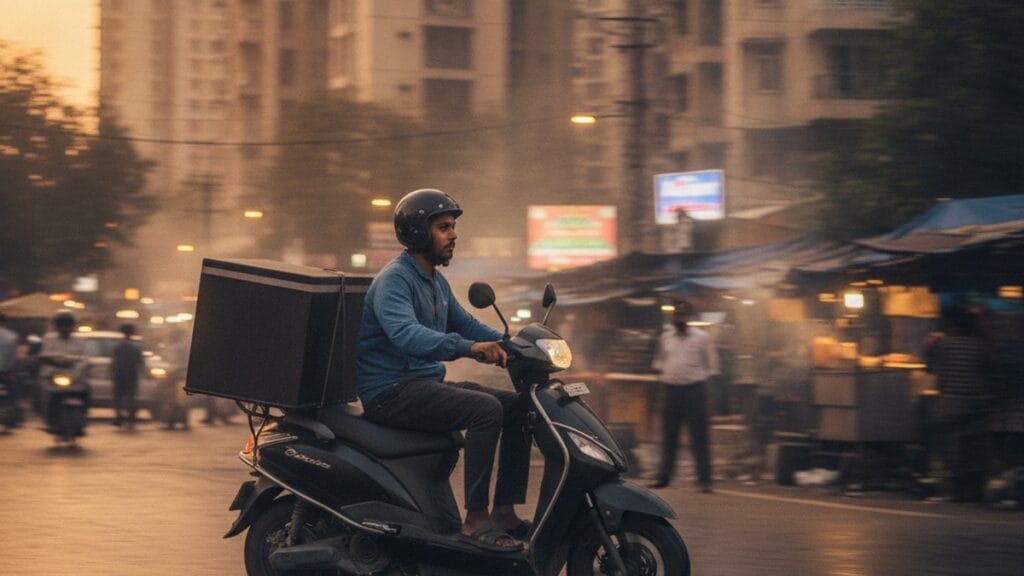 Indian delivery rider on electric scooter navigating Mumbai city street at dusk 2026