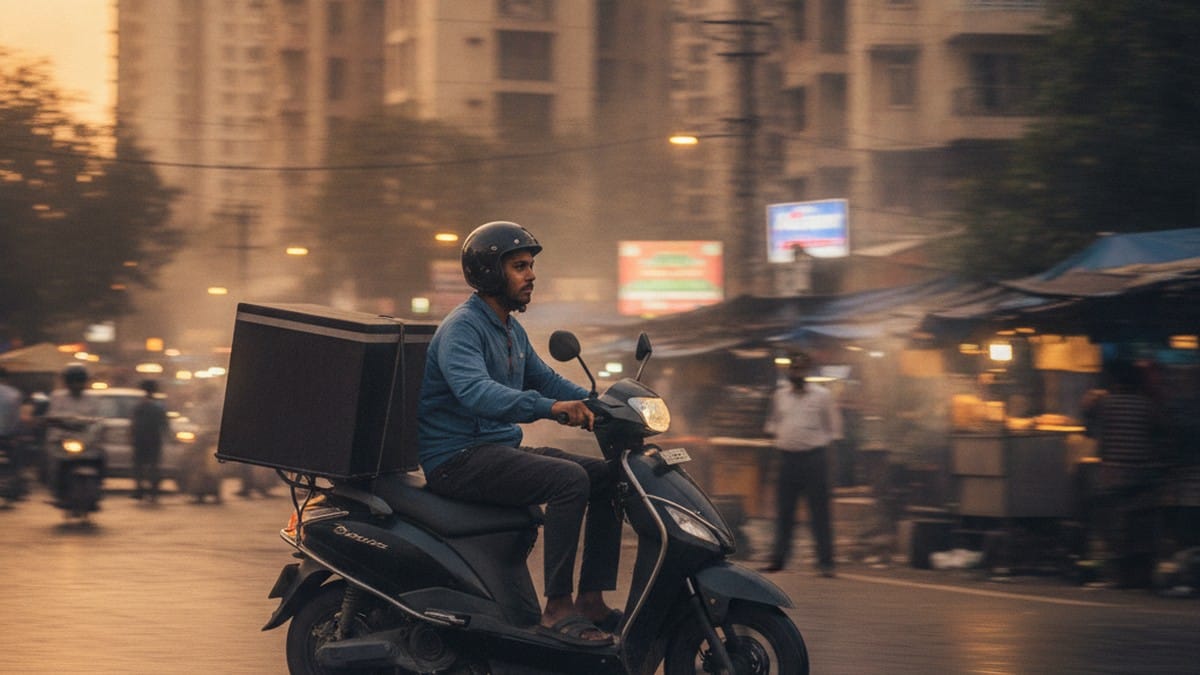 Indian delivery rider on electric scooter navigating Mumbai city street at dusk 2026