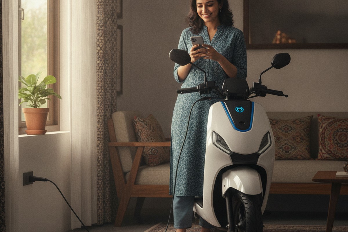Indian woman charging electric scooter at home, reviewing savings on smartphone
