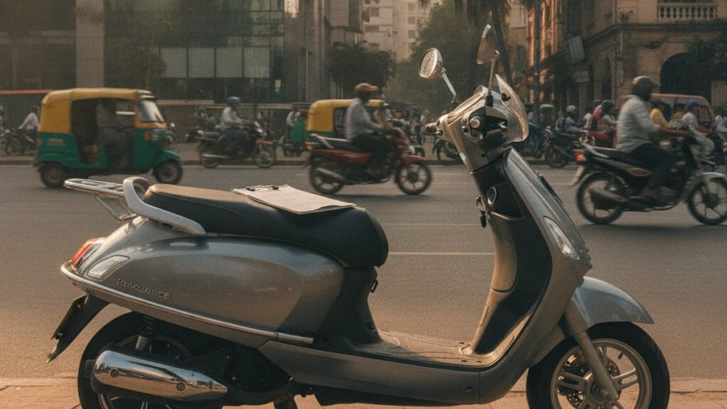 Electric scooter parked outside insurance office in India 2026
