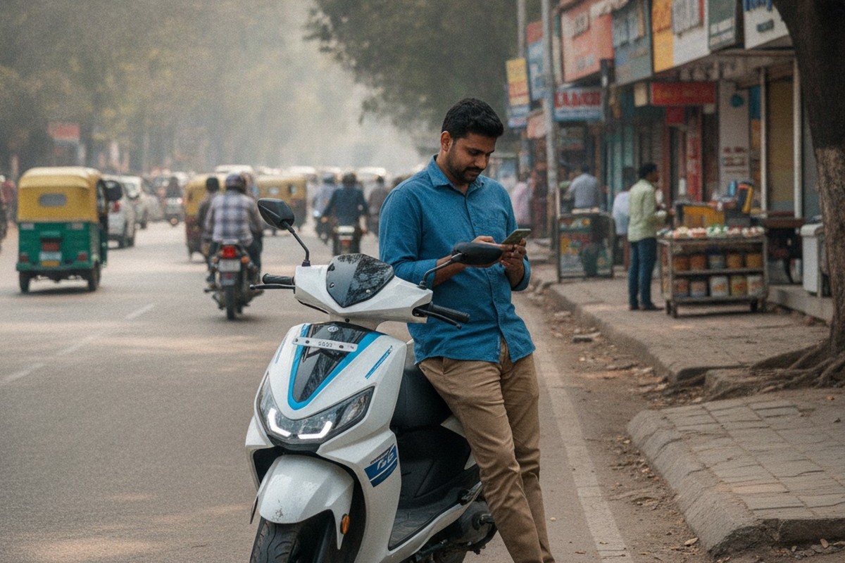 Indian rider reviewing electric scooter insurance documents on smartphone in city