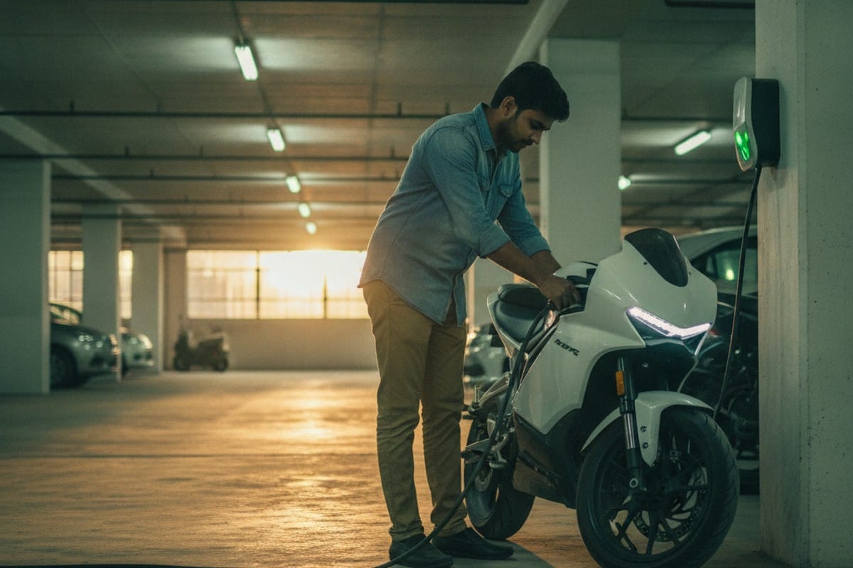 Charging an electric motorcycle at an Indian apartment complex parking