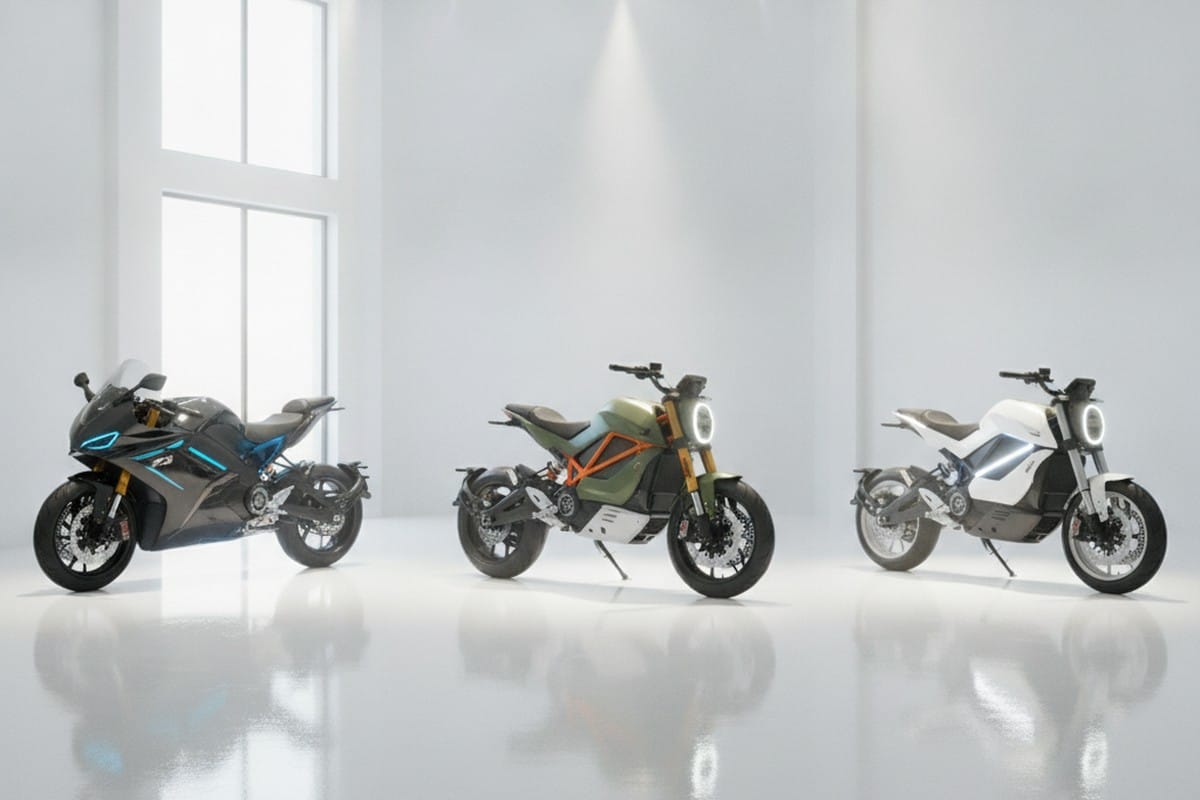 Electric motorcycles displayed in a modern Indian EV showroom