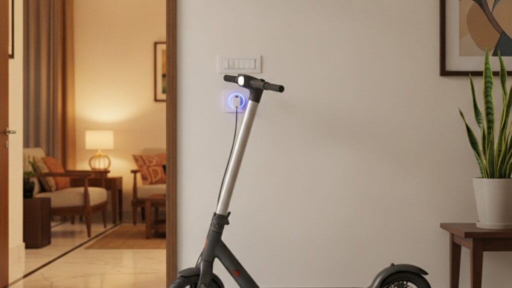 Electric scooter charging at home overnight in an Indian apartment - eliminating range anxiety