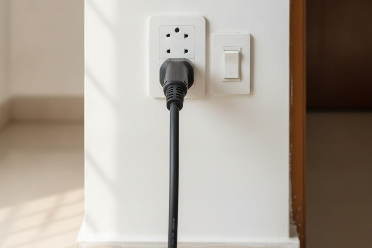 Close-up of a 15A three-pin socket with an electric scooter charger cable plugged in, Indian home setting