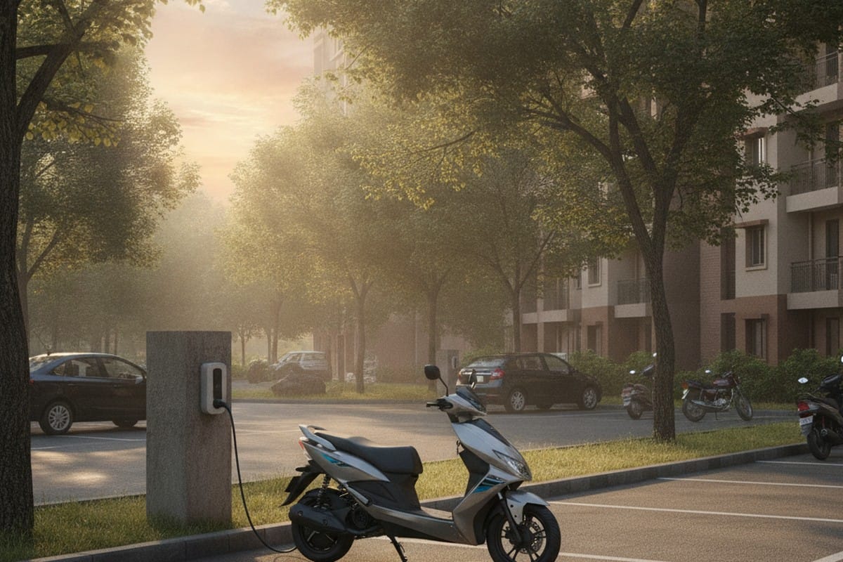 Electric scooter being charged in an Indian apartment society parking area in morning light