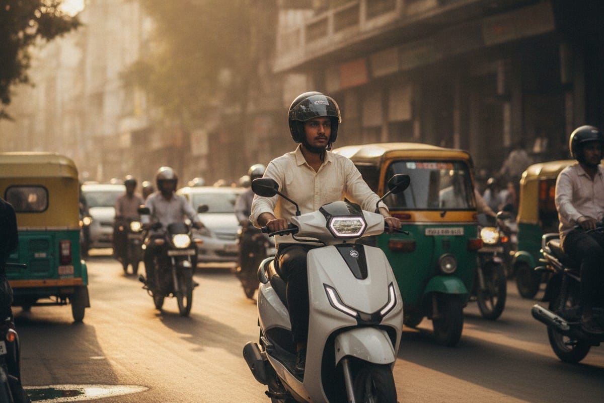 Indian city commuter riding an electric scooter through traffic past auto-rickshaws and cars
